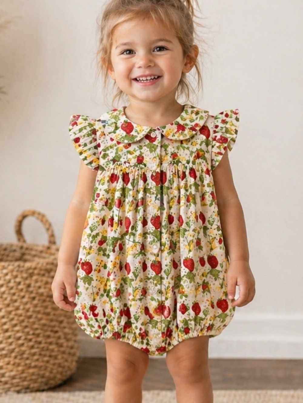 kate quinn Strawberry Floral Bubble Romper in Cream, Red & Green
